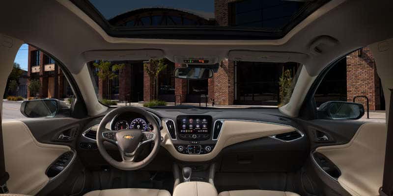 The modern and comfortable cockpit of the 2025 Chevy Malibu.