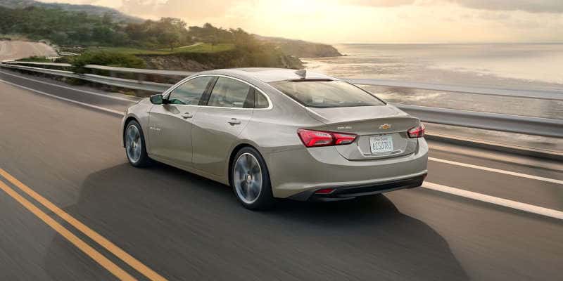 A rear quarter exterior view of the Chevy Malibu.