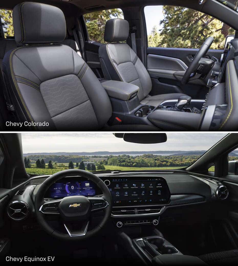 Interior views of Chevy Colorado showing its driver and passenger seats and Chevy Equinox showing its dashboard and center console.