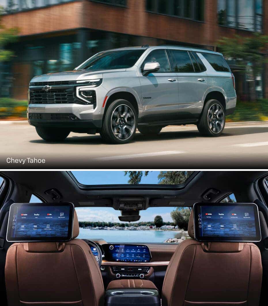 A silver Chevy Tahoe drives down a city street. An interior view of Chevy Tahoe interior showing rear seat entertainment options.