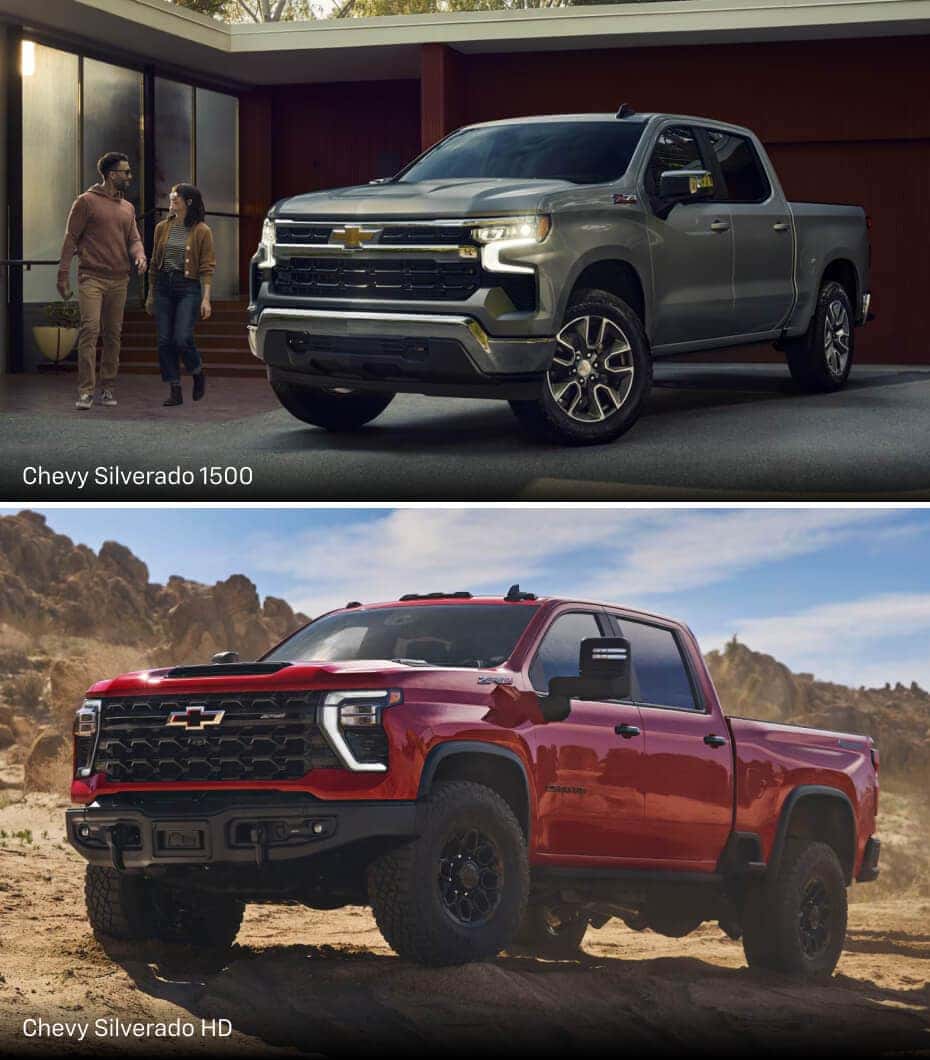 A silver Chevy Silverado 1500 parked in a driveway. A red Chevy Silverado offroading on a rocky mountain pass