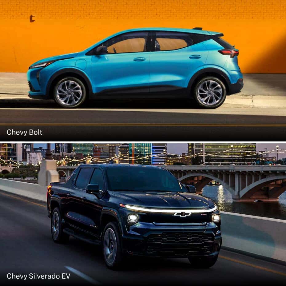 A side view of a blue Chevy Bolt parked in front of an orange wall. A front view of a black Chevy Silverado EV driving on a city street.