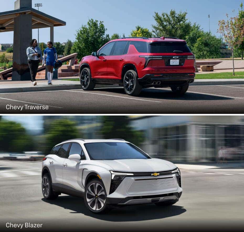 A rear view of a red Chevy Traverse parked in a parking lot. A front view of a white Chevy Blazer driving down a city street.