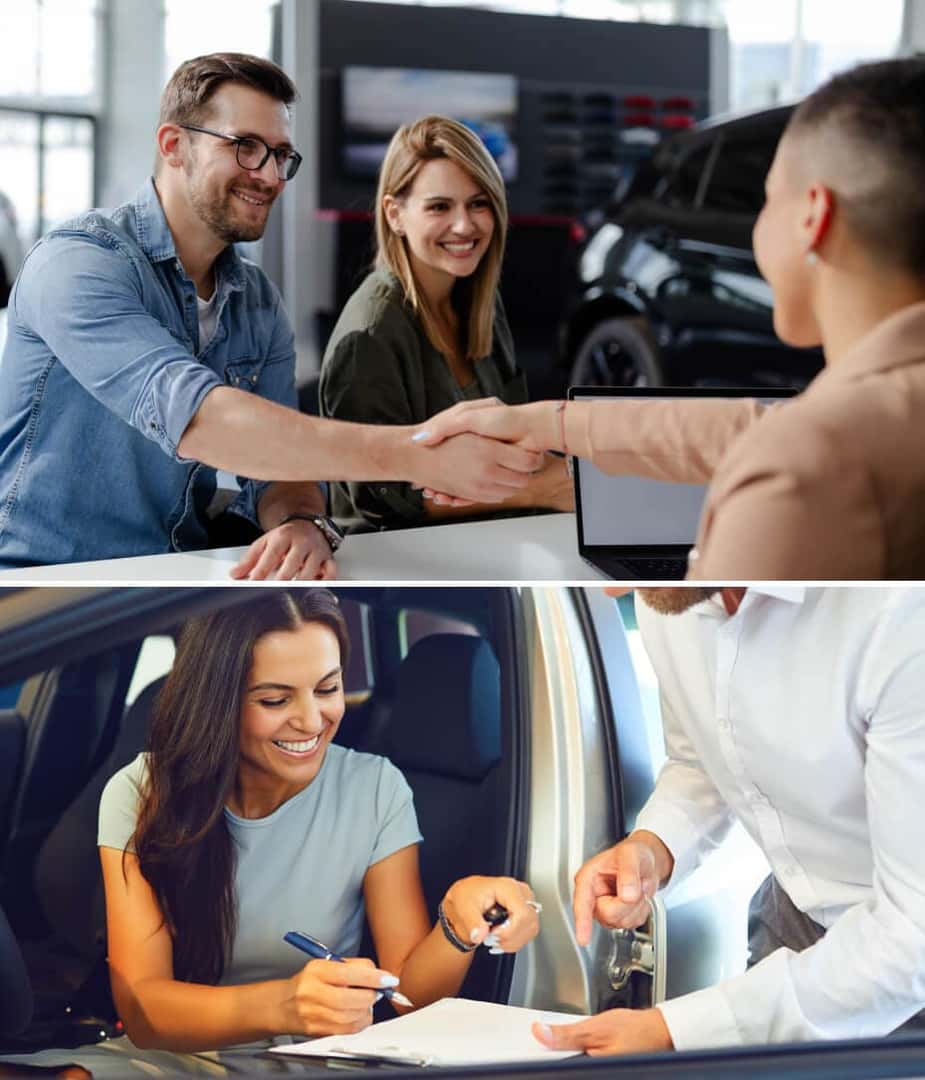 A car dealer shakes hands with a smiling couple. Another helps a woman sign a lease agreement while sitting in her new car.
