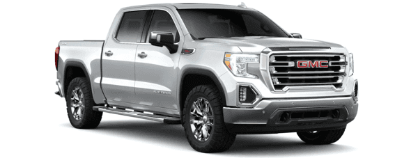 A silver 2019 GMC Sierra facing right on white