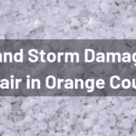 Pile of hail with "Weather and Storm Damage Vehicle Repair in Orange County" white text