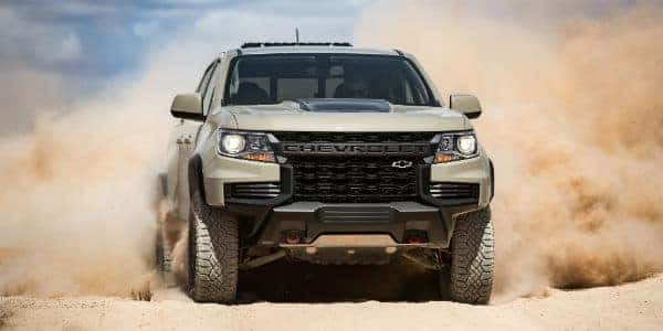 Front view of 2021 Chevrolet Colorado in dirt