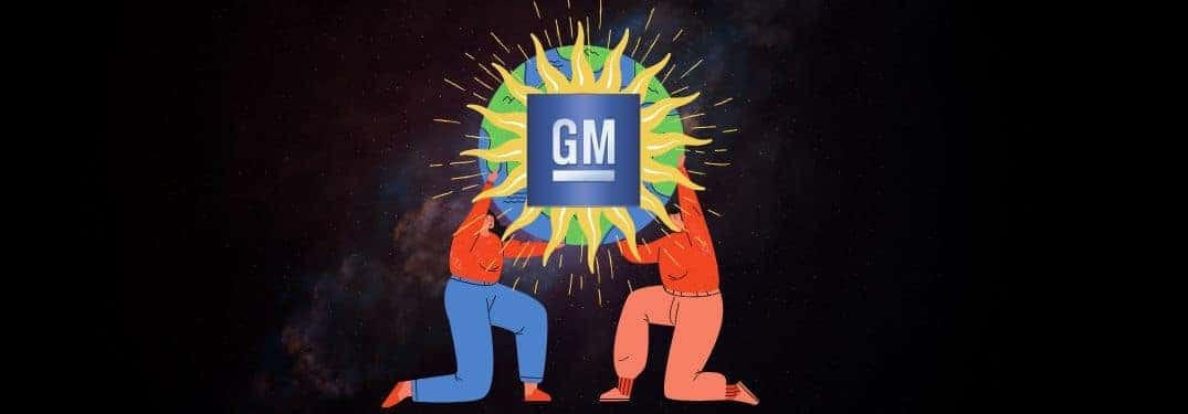 Two figures hold up a globe embossed with a blazing "GM" logo