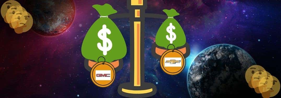 A cosmic scale weighs the costs of GMC and Chevy models against each other while faces ponder