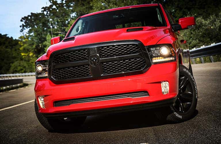Front face of a red 2017 RAM 1500
