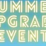 Neon yellow text reading "SUMMER UPGRADE EVENT" floats in a blue sky surrounded by foliage and a smiling sun wearing a sun hat.
