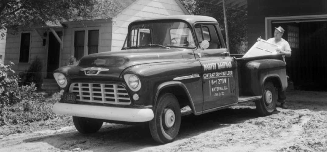 1955 Chevrolet 3200 Series half-ton pickup with 265-cubic-inch (4.3L) V-8 engine, rated at 162 horsepower and 257 lb-ft of torque.