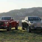 Four 2022 GMC Canyon trucks parked next to each other