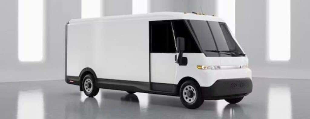 GM BrightDrop white van in a white room