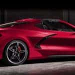 Passenger's side rear angle view of red 2020 Chevrolet Corvette Stingray