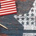 Happy Labor Day title with a star graphic and two American flags