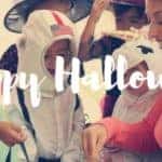 Happy Halloween title and kids trick-or-treating