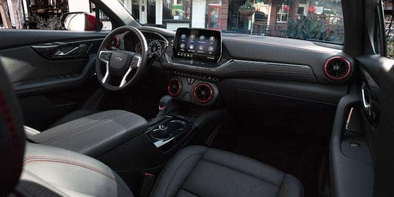 The front seating, controls, and displays in the 2023 Chevy Blazer