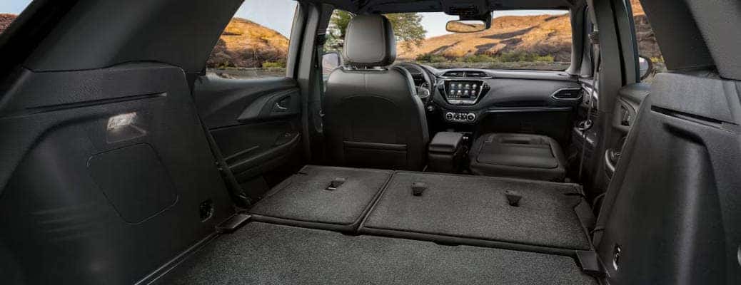 The cargo space and flat-folding rear seats in the 2023 Chevy Trailblazer. 