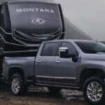 The 2024 Chevy Silverado 2500 HD high-tech pickup truck towing a large trailer.