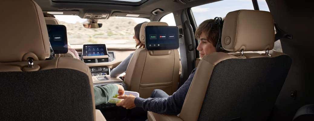 The spacious seating area of the 2024 Chevy Suburban.