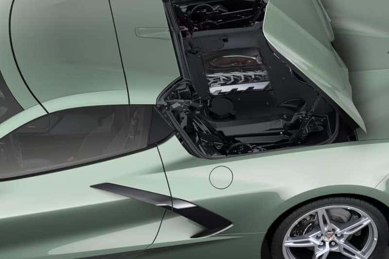 The mid-engine compartment of the 2024 Chevy Corvette Stingray.