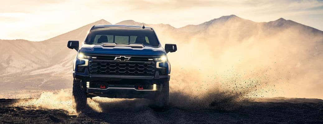 A front view of the 2024 Chevy Silverado 1500 ZR2 off-roading vehicle.