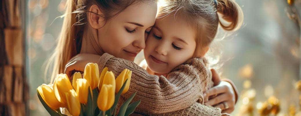 A mother holding her daughter with flowers in the foreground.