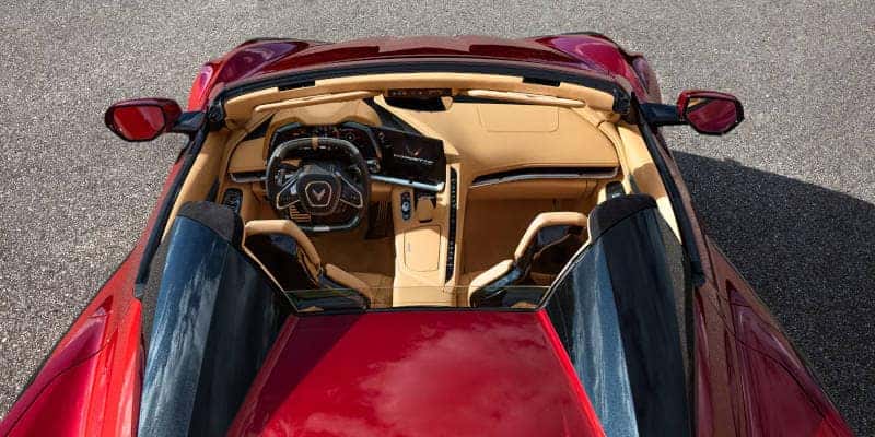 The interior of the 2024 Chevy Corvette Z06 as seen from above through the top.