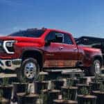 The Silverado 2500 towing a large trailer.