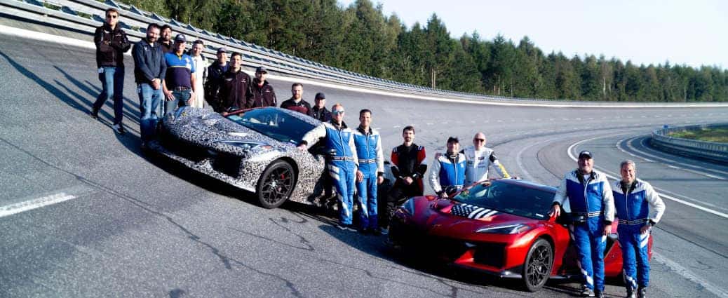 Members of the Corvette team, including General Motors President Mark Reuss on the track in Papenburg, Germany. Preproduction models shown. Actual production model may vary.