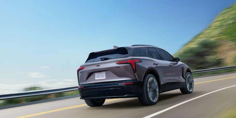 A rear quarter exterior view of the 2025 Chevy Blazer EV RS.