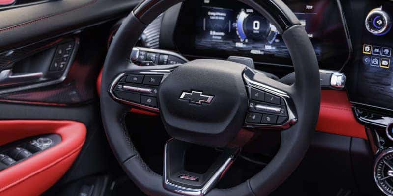 The steering wheel and digital dashboard in the 2025 Chevy Blazer EV.