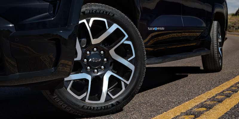 A detail of the 19" wheels standard on the 2025 Chevy Silverado EV.