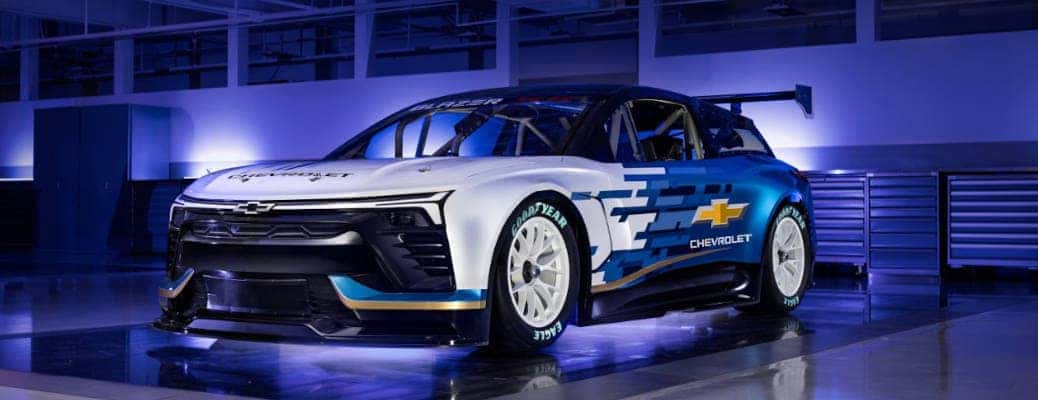 A front quarter view of the Chevy Blazer EV.R NASCAR prototype.