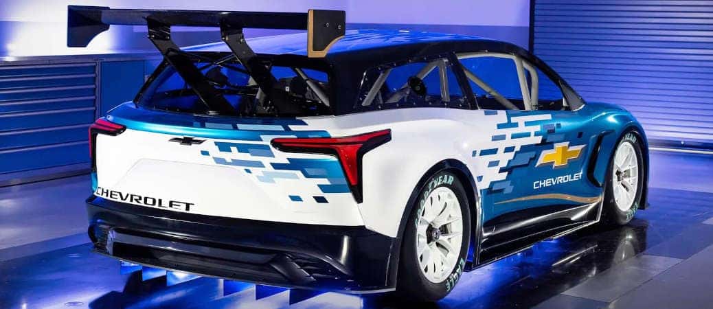 A rear quarter view of the Chevy Blazer EV.R NASCAR model.