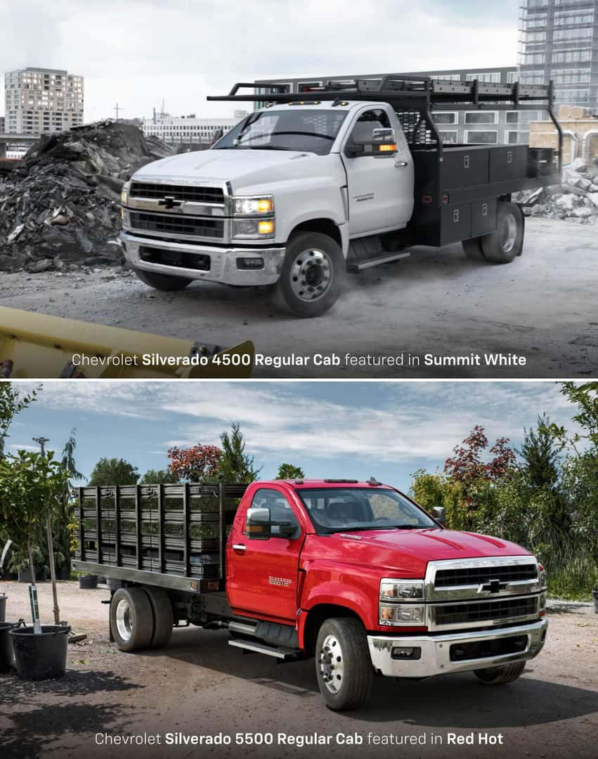Chevy Silverado 4500 Regular Cab in Summit White/Silverado 5500 Regular Cab in Red Hot