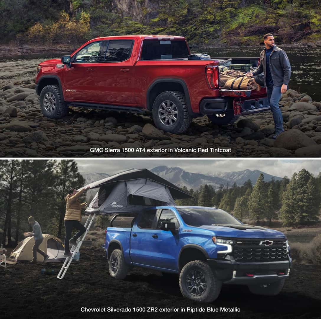 GMC Sierra 1500 AT4 exterior in Volcanic Red Tintcoat, Chevrolet Silverado 1500 ZR2 exterior in Riptide Blue Metallic