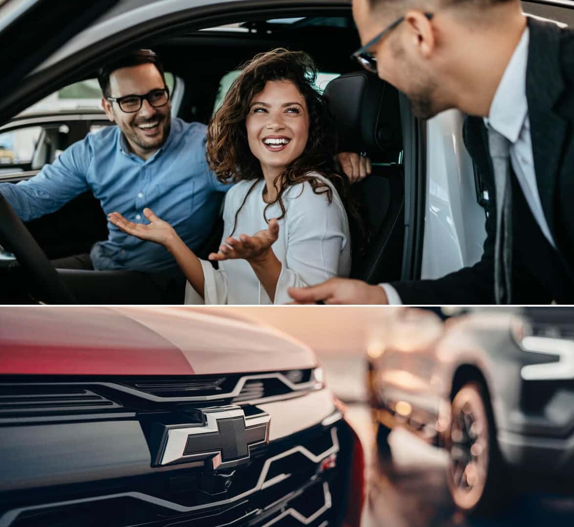 Top: Chevy customers with salesperson reviewing a car interior. Bottom: 2026 Equinox RS in Radiant Red, front grille close-up.