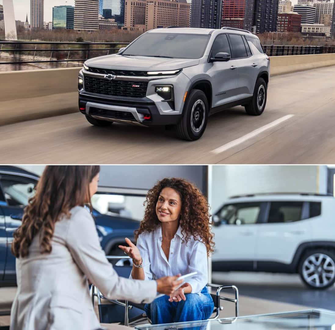 Top: 2026 Chevrolet Traverse in Sterling Gray driving on a city highway. Bottom: customer speaks with a salesperson.