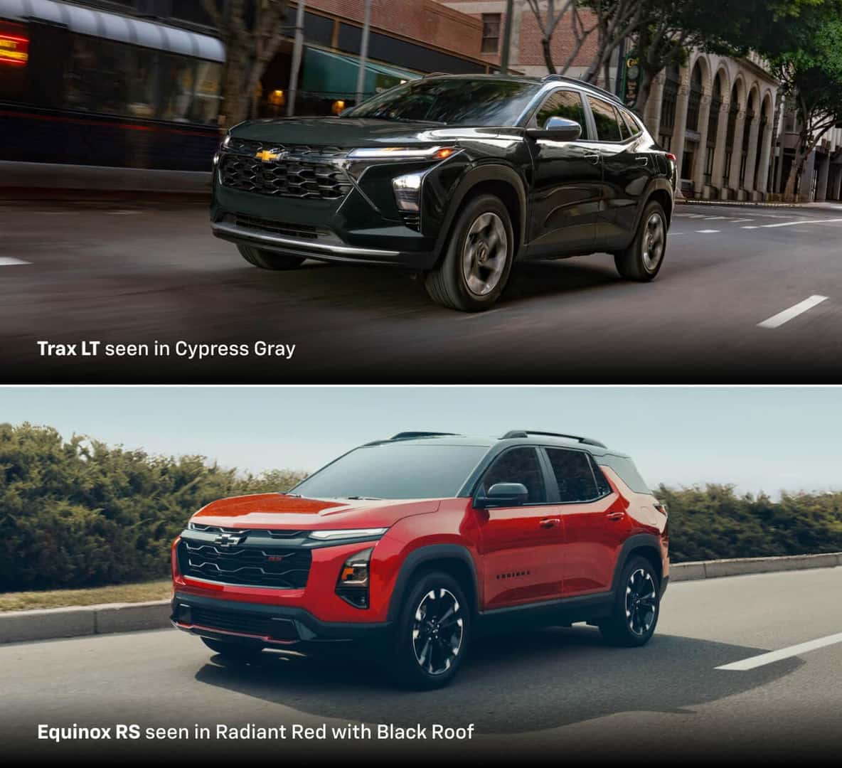 2026 Chevrolet Trax LT in Cypress Gray and Equinox RS in Radiant Red with black roof, driving in urban settings.