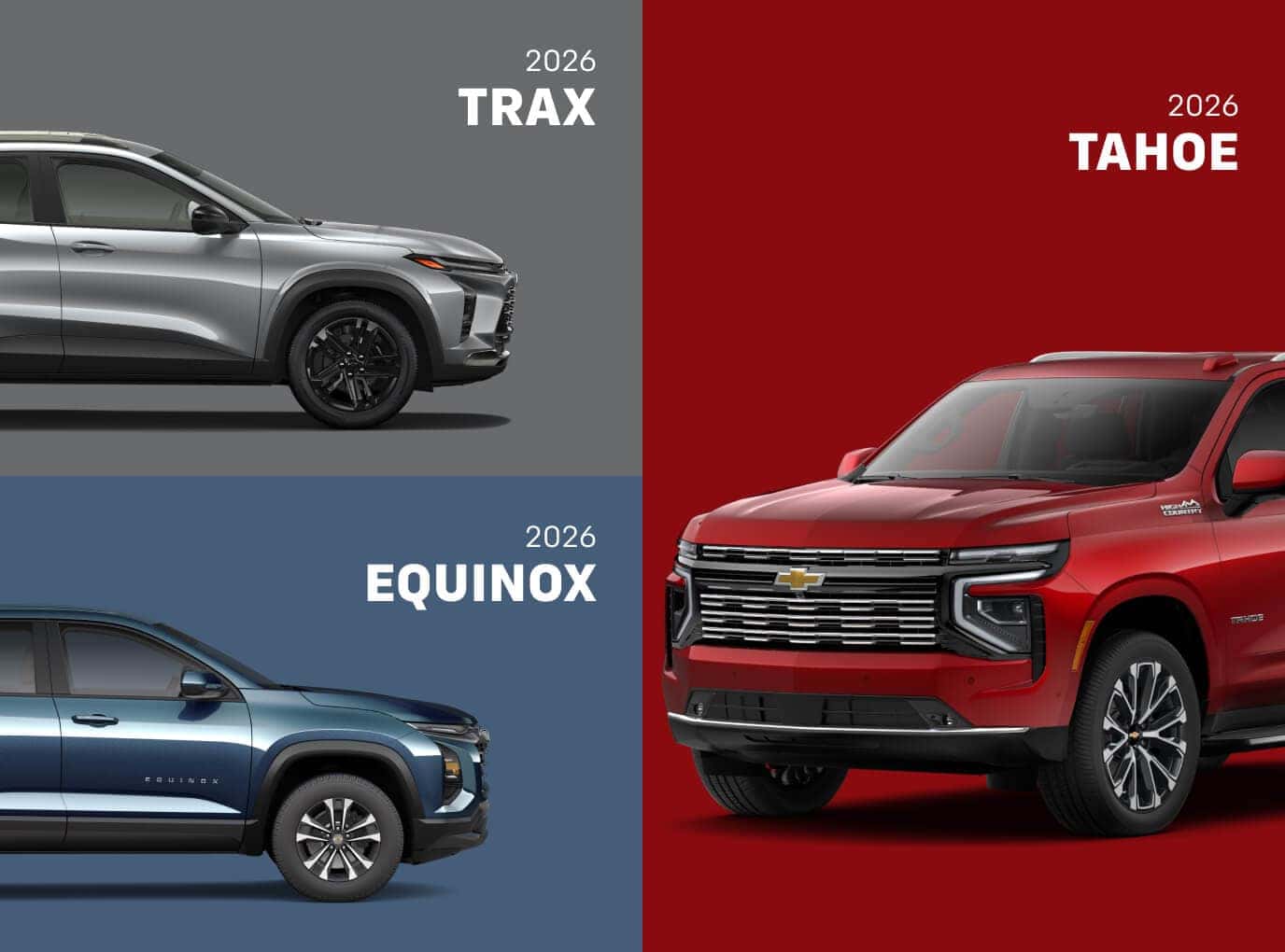 Collage of silver Chevy Trax, blue Equinox, and red Tahoe High Country on a colored background.