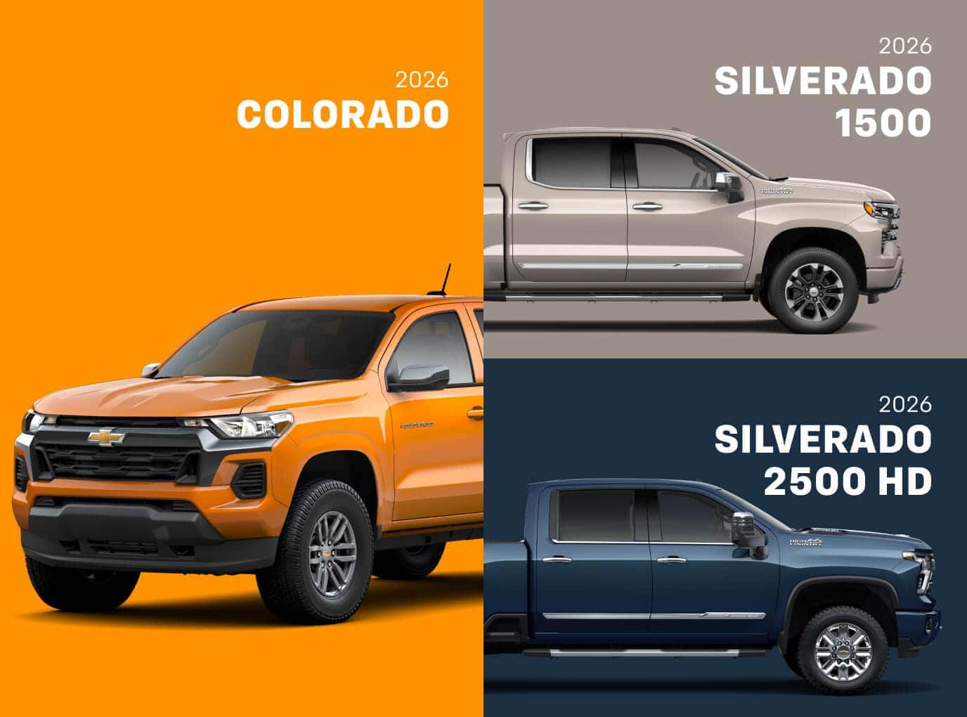 Collage of orange Chevy Colorado, beige Silverado 1500, and blue Silverado 2500 HD on a colored background.