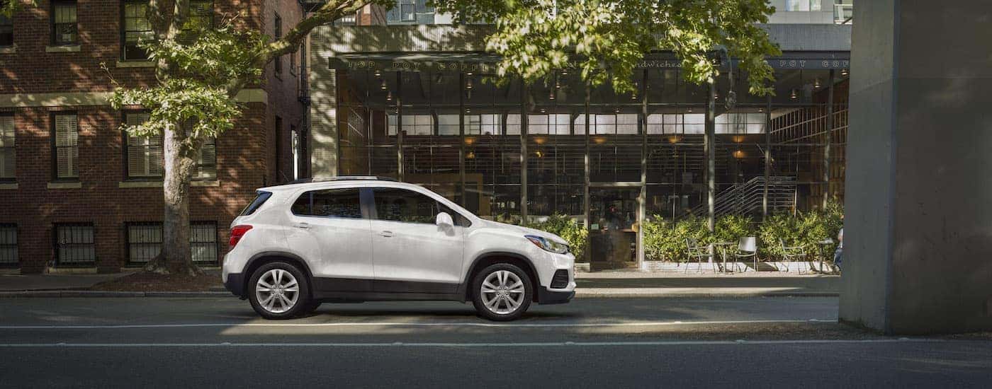 A white 2019 Chevy Trax is shown from the side.