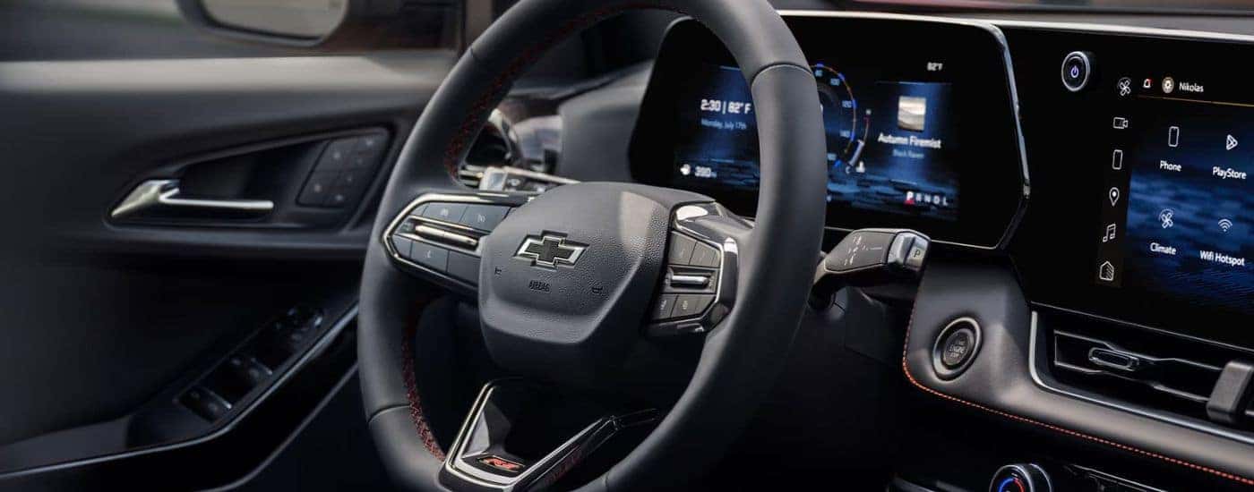 Close-up of the steering wheel on a 2025 Chevy Equinox RS for sale near Manchester
