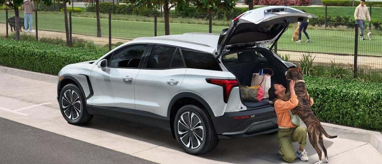 A white 2025 Chevy Blazer EV from the rear at an angle.