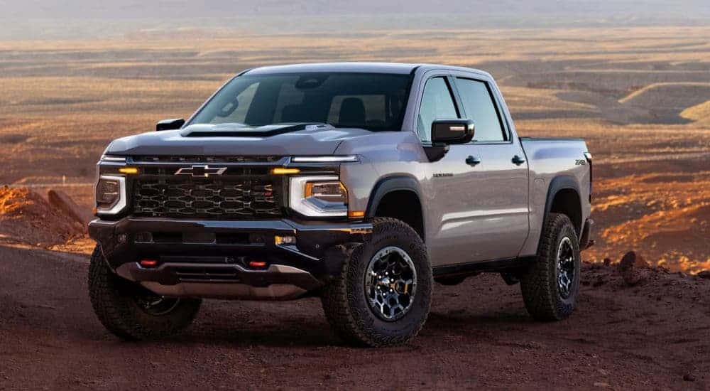 A silver 2027 Chevy Silverado 1500 parked offroad.