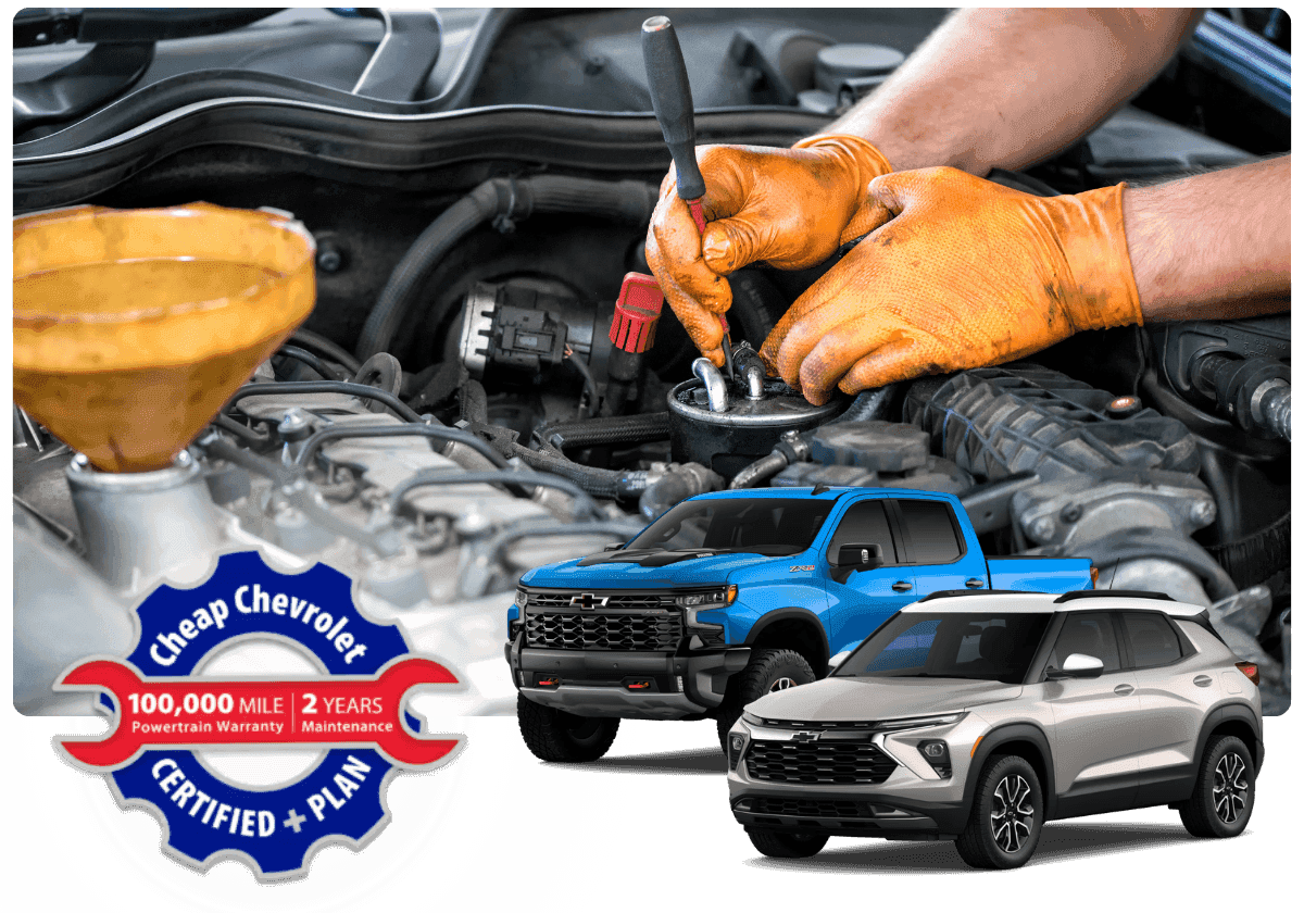 A chevrolet truck and SUV with a mechanic background image showing certified icon