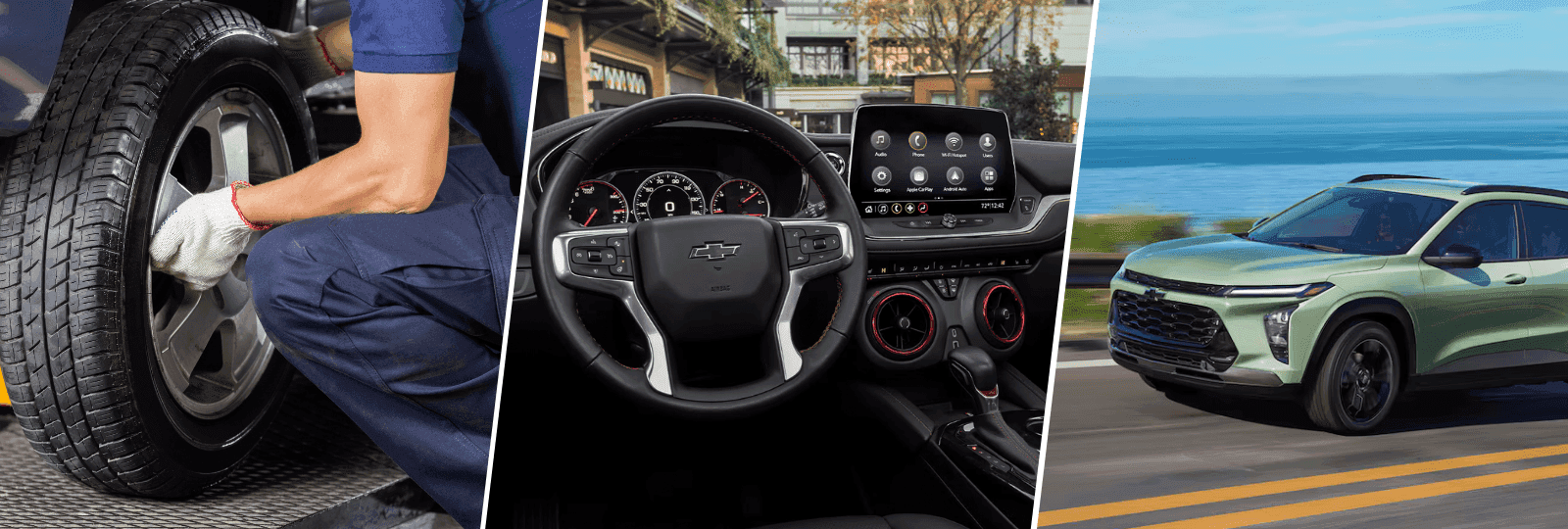 three images side by side of car service, chevrolet interior and chevrolet trax green