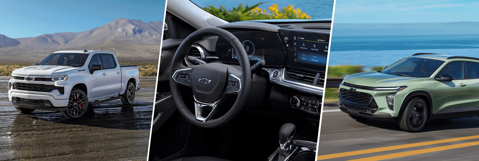 three images of new chevrolet vehicles
